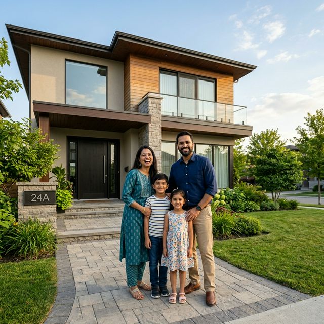Happy family in front of their new home — SV Finance Home Loan